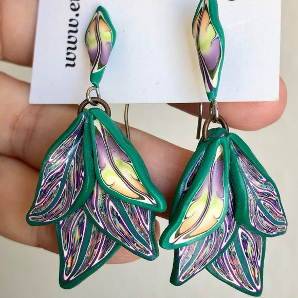 Jewelry - Handmade Leaf Pattern Polymer Clay Earrings.
